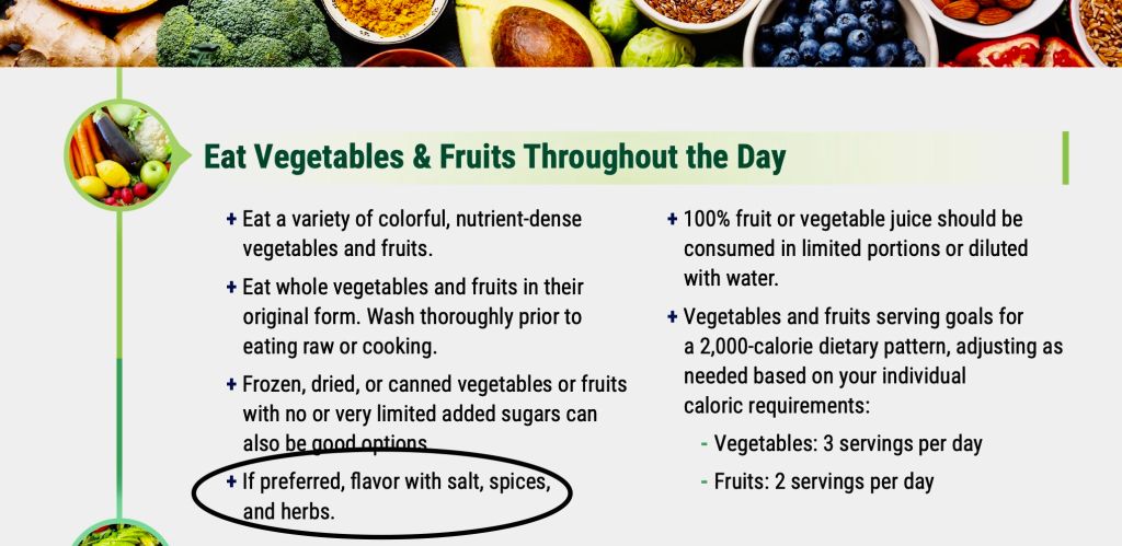 Infographic about eating vegetables and fruits throughout the day, featuring tips on variety, preparation, and serving recommendations.