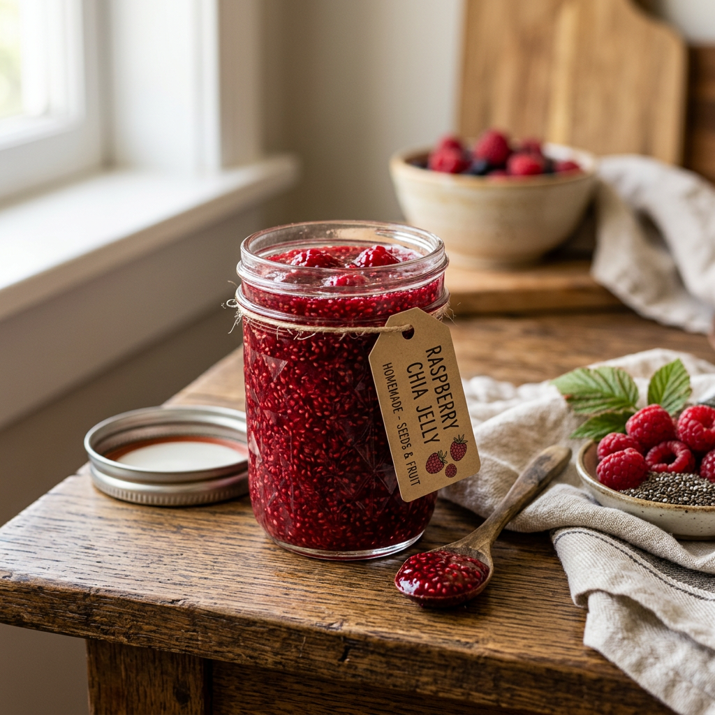 Jar of raspberry chia jelly with label, fresh raspberries, chia seeds, and spoon on wooden table