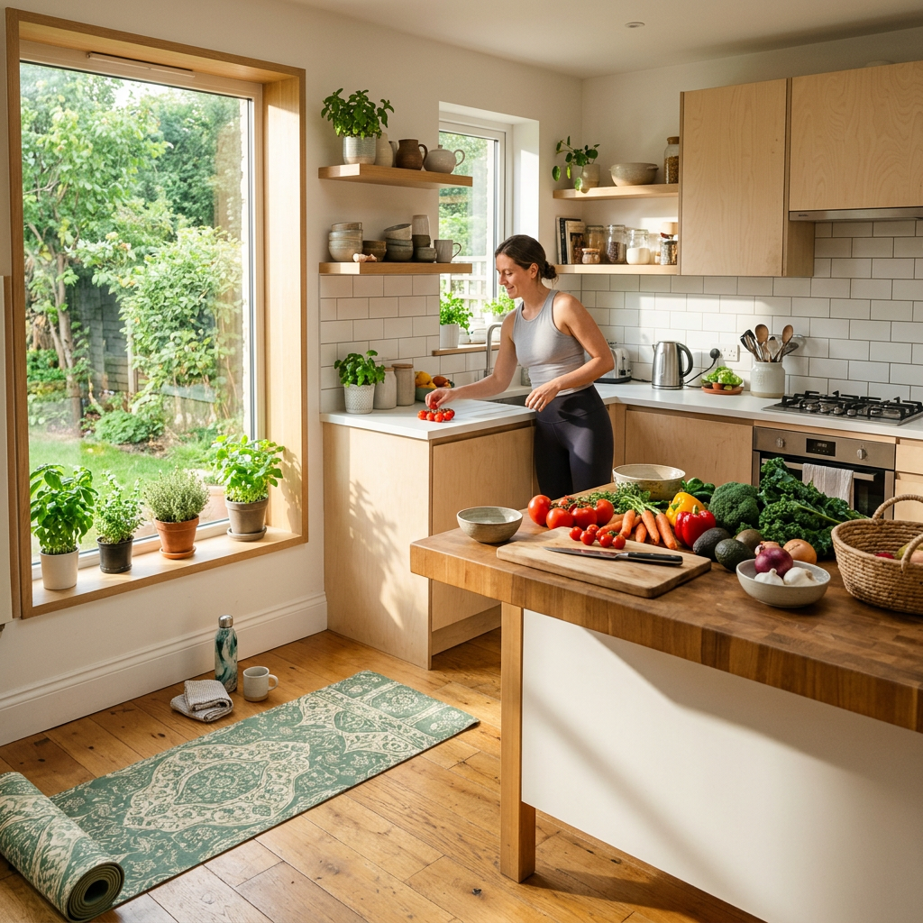 Woman arranging tomatoes on counter in bright kitchen with fresh vegetables and plants