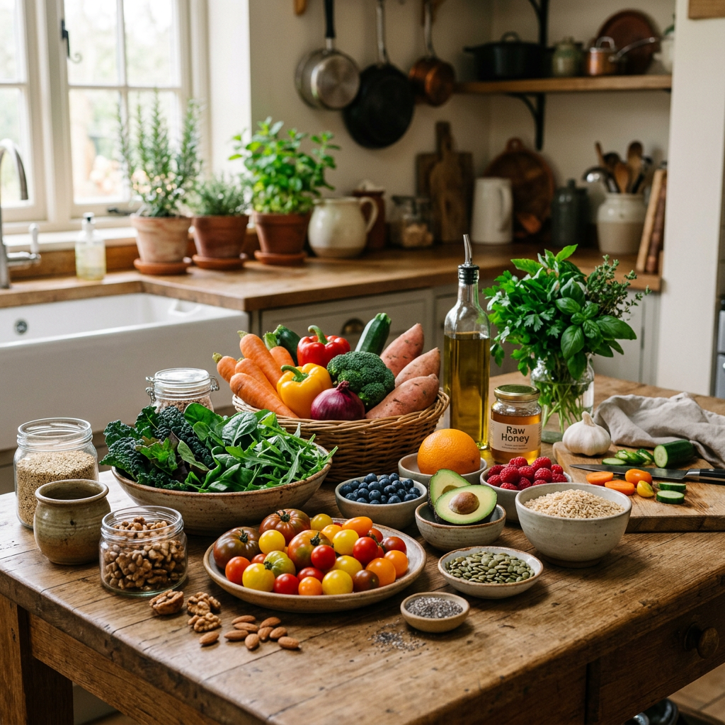 Fresh vegetables, fruits, leafy greens, nuts, seeds, and pantry items on a wooden kitchen table
