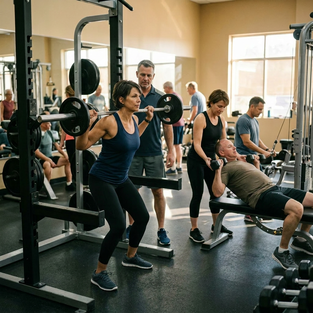 Seniors lifting weights during a group workout session in a gym