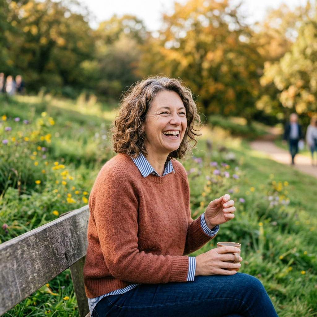 Woman in rust sweater sitting on park bench smiling with coffee cup